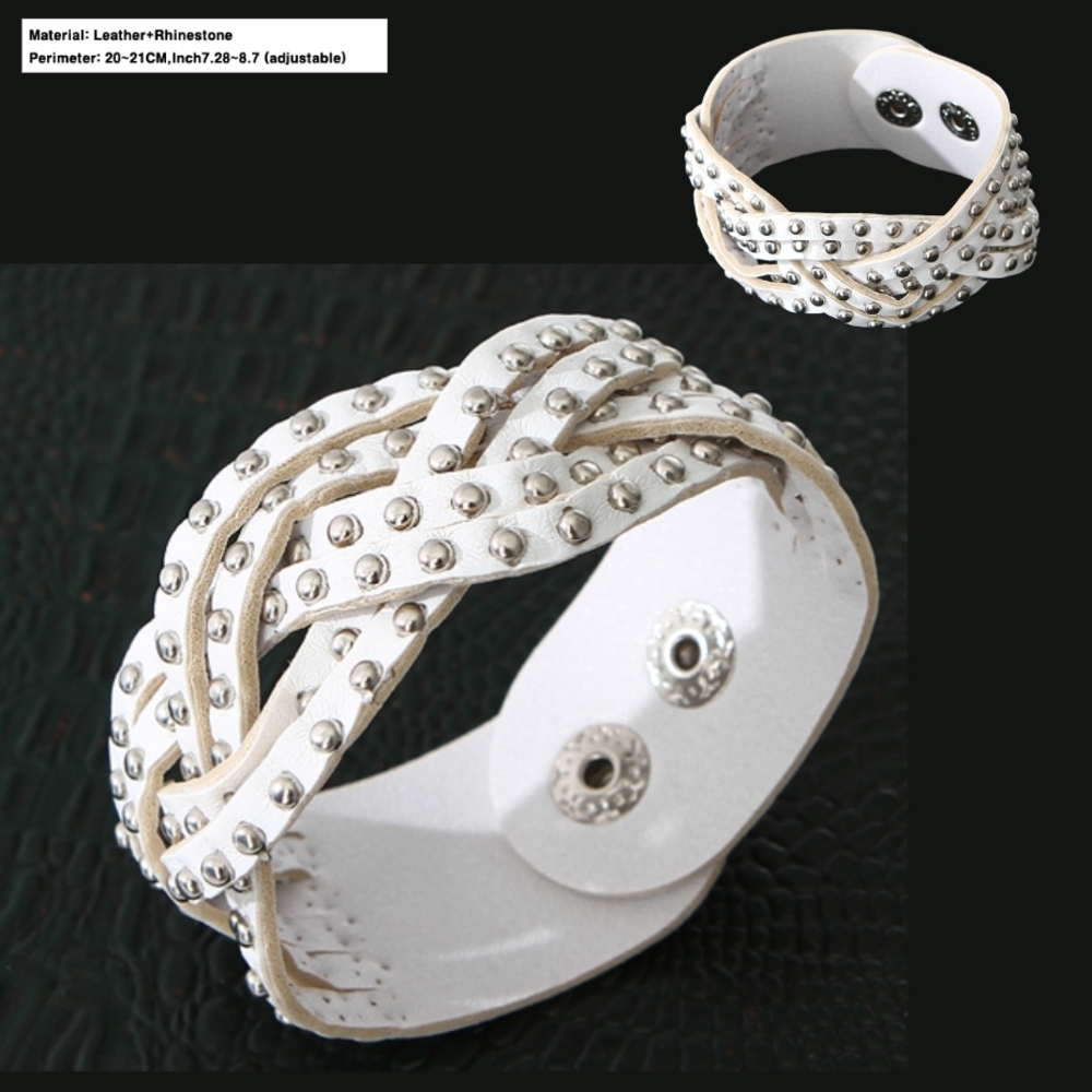 White Leather Rhinestone Snap Adjustable Bracelet - image 1